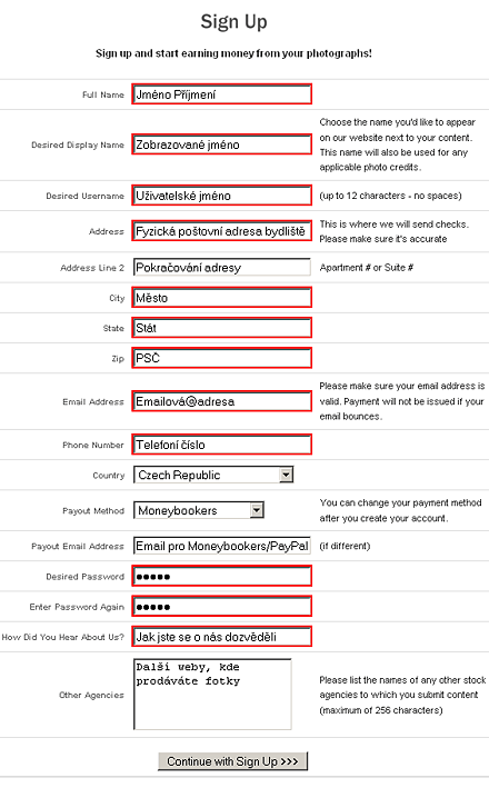 Vysvětlení registračního formuláře
